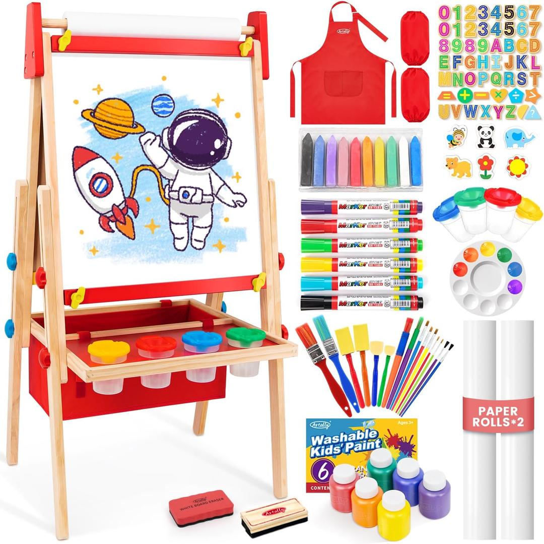 Art Easel for Toddlers Kids, Adjustable Standing Art Easel with Magnetic Chalkboard & Whiteboard, Dry-Erase Board, Paper Roll, Drawing & Painting Easel for Kids Ages 3 4-8 9-12, Red w/Bag