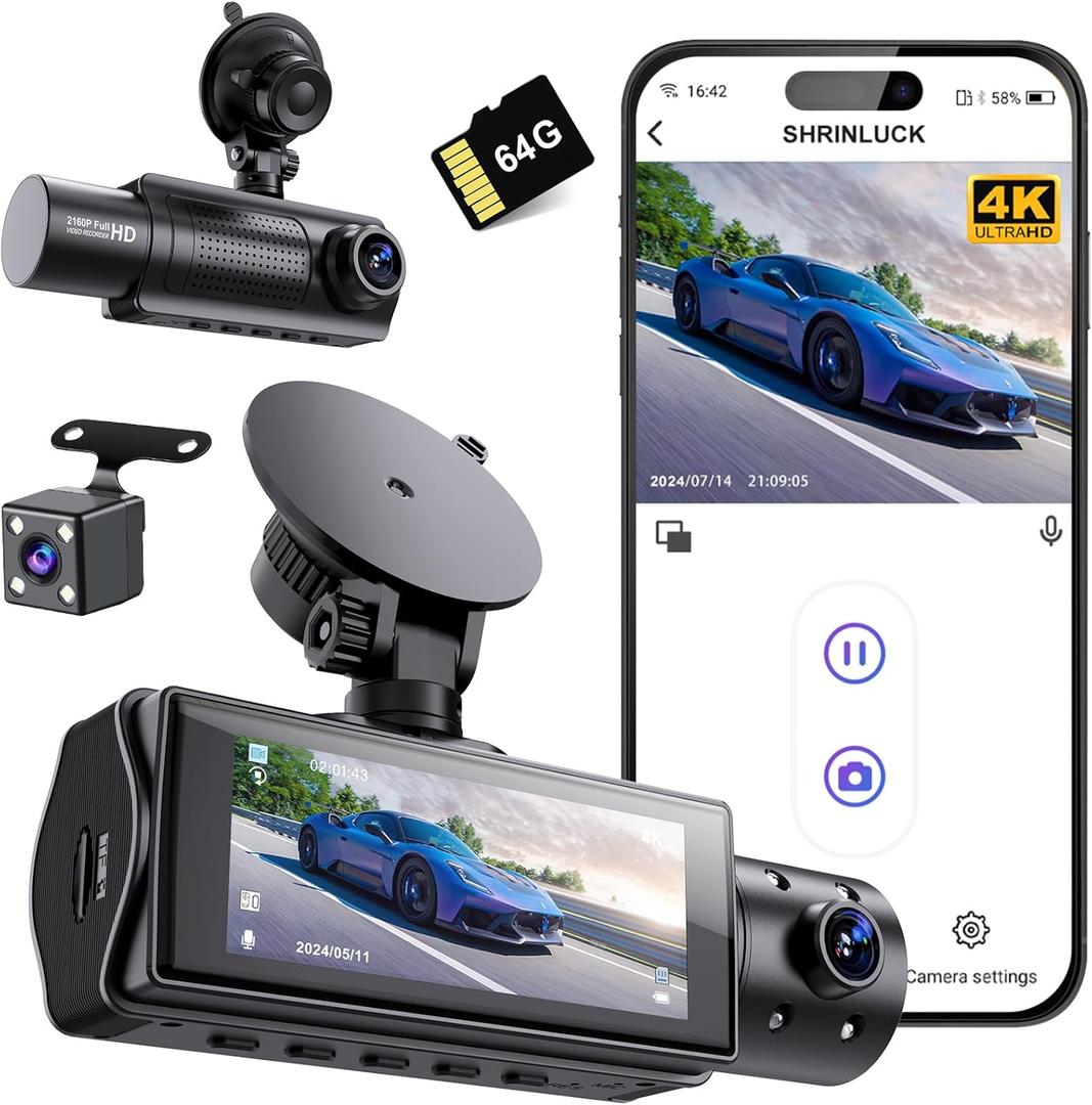 Miden X5 4K WiFi Dash Cam Front and Rear Inside, 2160P+1080P+1080P FHD 3 Channel Dash Camera for Cars, 360 All Sides Dashcam, Free 64G SD Card, G-Sensor, WDR, Night Vision, 24H Parking Monitor