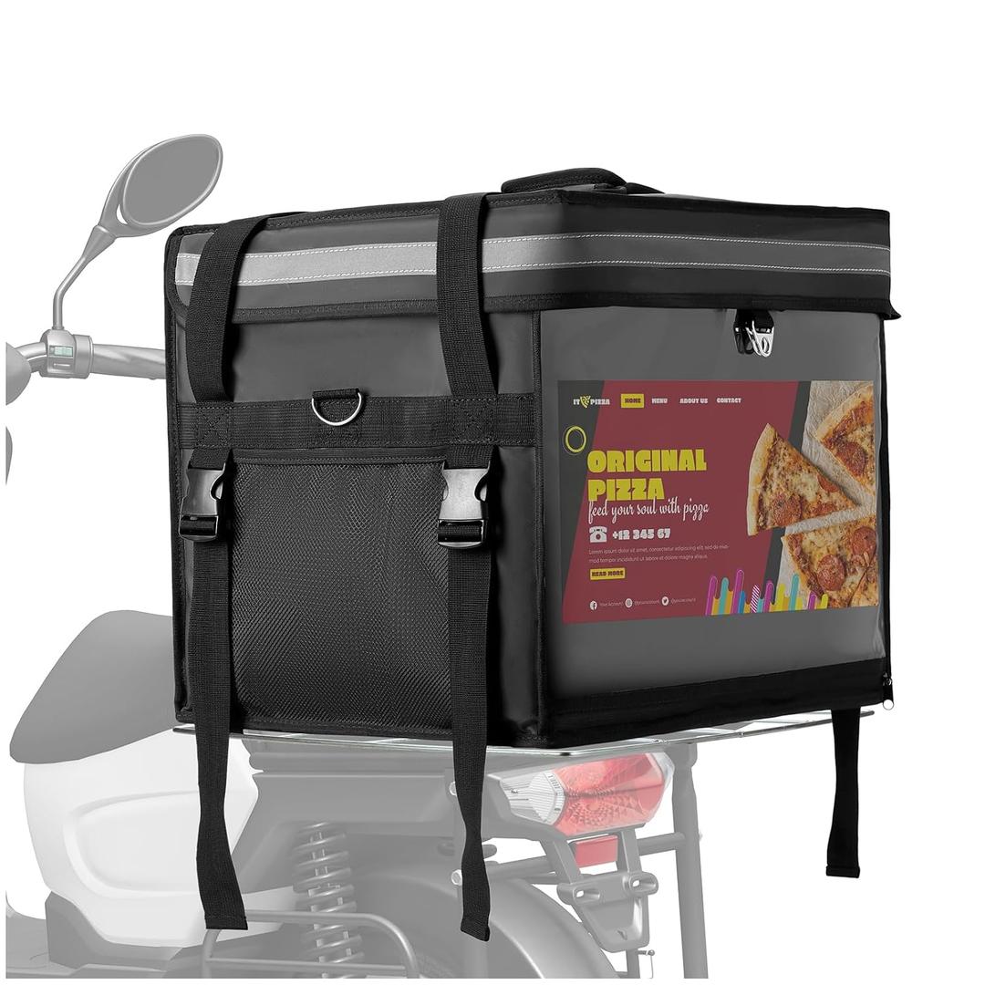 Insulated Food Delivery Bag for E-bikes/Scooters/Motorcycles, Waterproof Delivery Bag with Carrier Rack,Perfect for Catering,Restaurants,Delivery Drivers, DoorDash and more,62L - Fit 14'' Pizza box