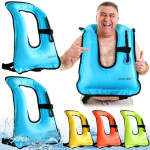 Meooeck 2 Pcs Snorkeling Vest for Adults Safety Inflatable Snorkel Vest for Swim Kayaking Swimming Diving Surfing, Load up to 220 Ibs (Large-X Large, Blue)
