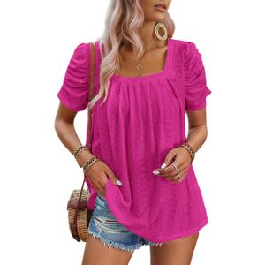 Dokotoo Women's Hollow Pleated Short Sleeves Square Neck Casual Loose Solid Color Knit T Shirts Tops Blouses (X-Large)