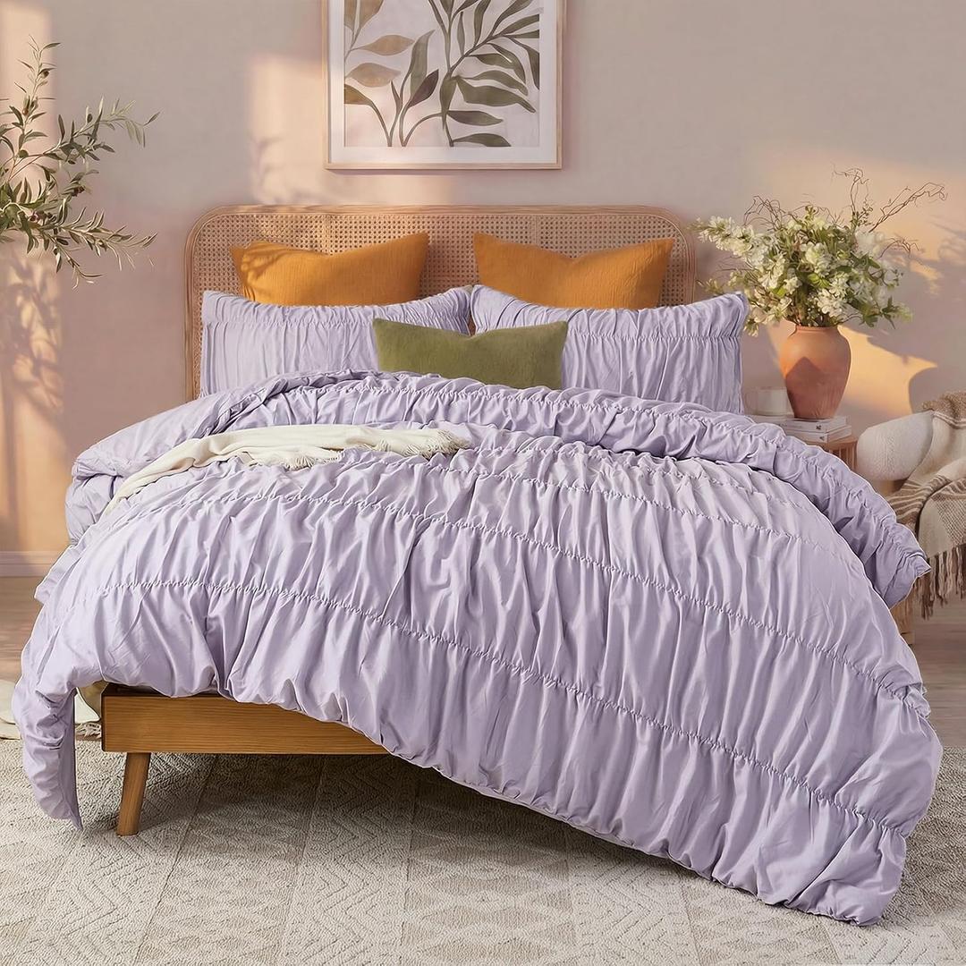 Bedbay Ruched Purple Comforter Set Queen Size,100% Cotton Boho Ruched Bedding Set,Soft Durable Lavender Fluffy Comforter,Shabby Chic 3 Pcs Romantic Ruffle Dreamy Aesthetic Bedding for All Seasons