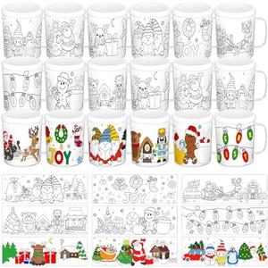 Nitial 18Pcs Christmas Color Your Own Mugs 10 oz Party Coffee Cups Detachable DIY Paper Inserts to Paint Double Wall Plastic Make Your Own Cups for Xmas Winter Holiday School Home Activities Supplies