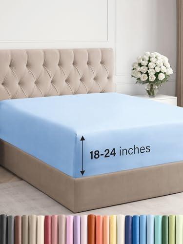 Extra Deep Cal King Fitted Sheet - Hotel Luxury Single Fitted Sheet Only - Easily Fits 18 inch to 24 inch Mattress - Ultra Soft, Wrinkle Free with Extra Deep Pockets - Breathable & Comfy - Light Blue