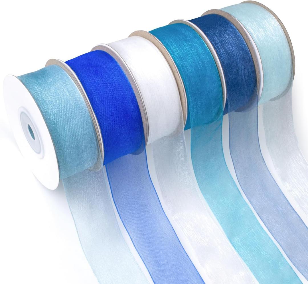 Sheer Organza Ribbon - 1 Inch x 150Yd, 6 Rolls Blue Chiffon Ribbon for Gift Wrapping, Wedding, Christmas