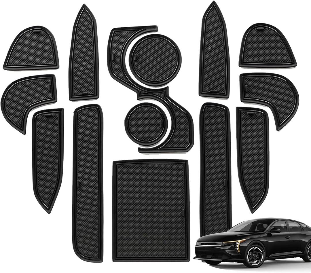 Cup Holder Mats for 2025-2026 Kia K4,14Pcs Soft Silicone Non-Slip Coaster Door Slot Insert Liners for 2026 2025 Car Interior Accessories Black