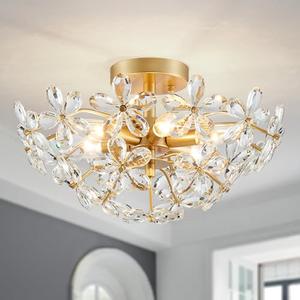 WUZUPS Crystal Chandelier Flushmount Ceiling Light Modern Lighting Fixture for Bedroom Hallway Bar Kitchen Bathroom, H 8.9" x W 17.7", Gold, E12 Base