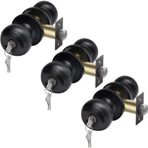 CML Hardware Keyed Alike Entry Door Knob, Matte Black Exterior Door Lock for Front Door and Entrance, Round Ball Handle, 3 Pack, Matte Black