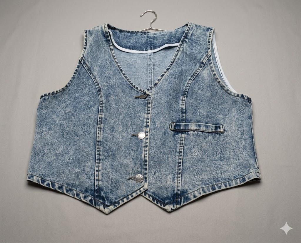 WOMEN'S Button Down Denim Vest V Neck Sleeveless Asymmetrical Jean Jacket Size Large