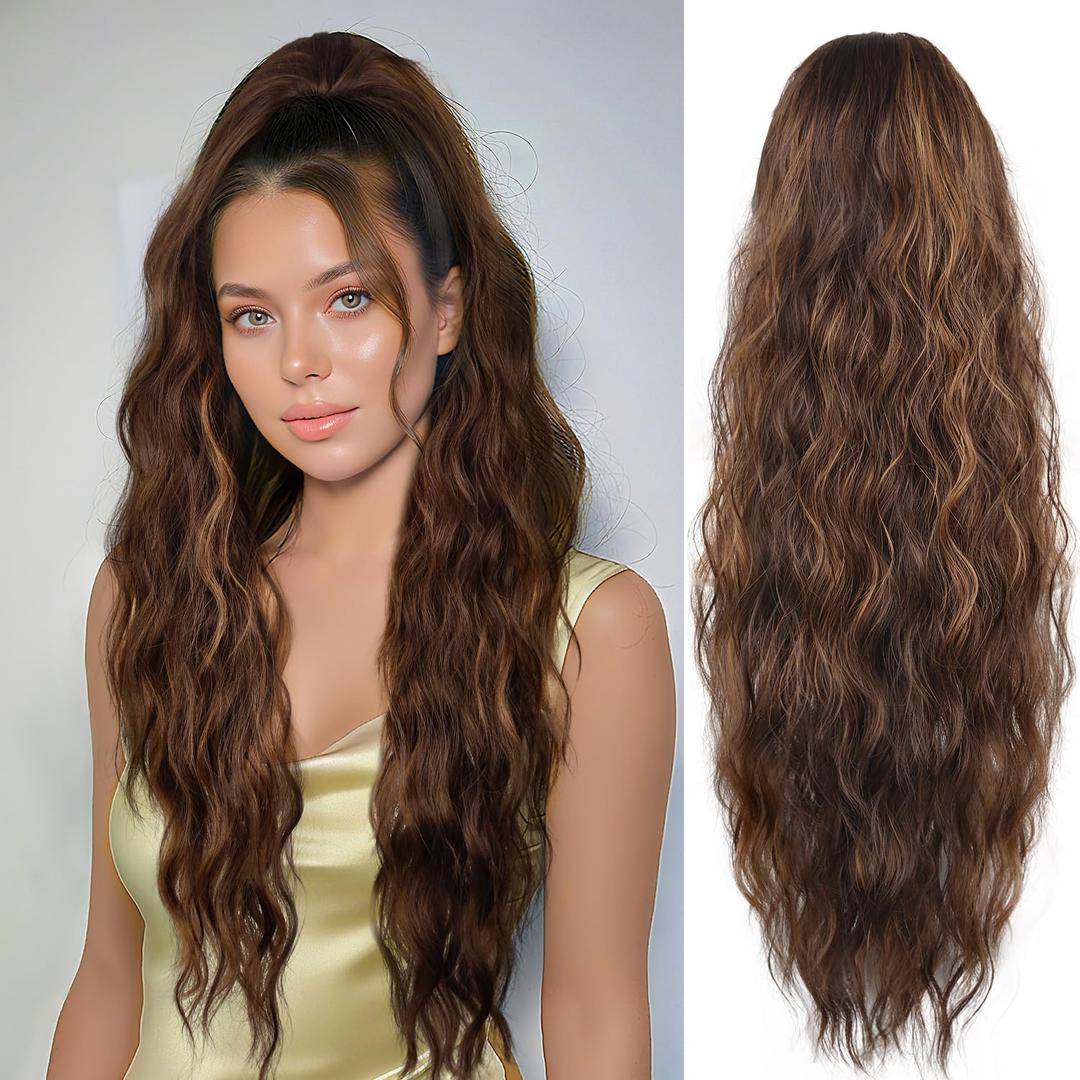 LEEONS 26 inch Drawstring ponytail Extension, Long Wavy pony tails hair extensions for Women - Synthetic Hairpiece Ponytail for Daily Use (Chocolate Brown with Honey Blonde Highlights)