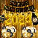 Labeol New Years Decorations 2024, 39 PCS Happy New Year Set with Large Foil Balloons, Banner, Gold Foil Curtains Black, Gold, Confetti Balloons for Party, Set of 2