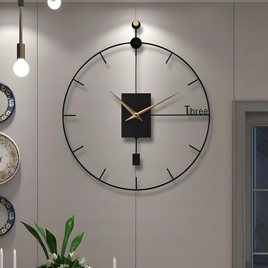 Large Wall Clock Living Room Decor 23" Modern Wall Clock with Swing Pendulum Metal Non-Ticking Silent Decorative Wall Clocks for Home Decor Office Dining Room Bedroom (Black)