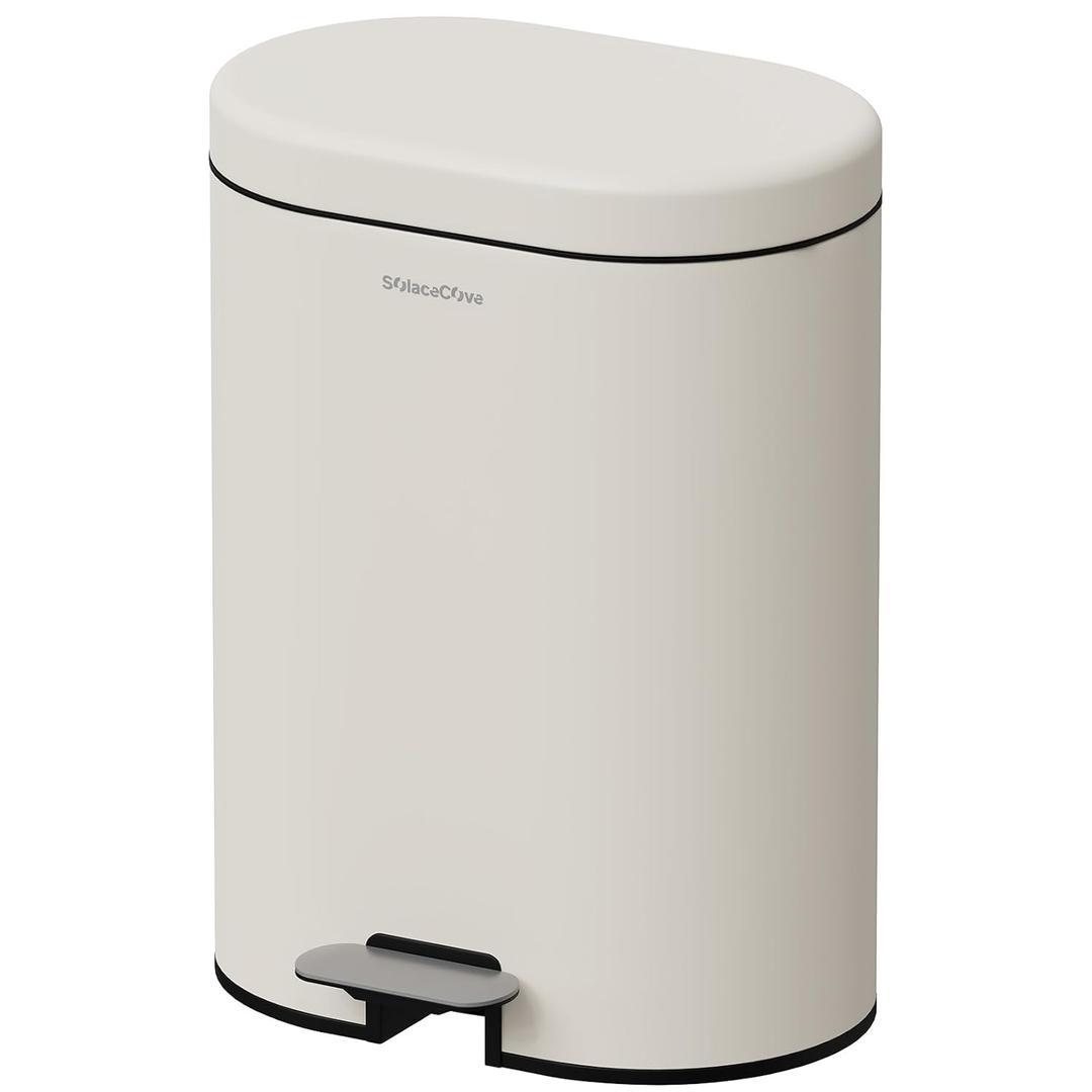 3.2Gallon Bathroom Trash Bin with Soft Close Lid,Oval Brushed Stainless Steel Garbage Can with Removable Inner Bucket,Office Trash Can with Foot Pedal for Bedroom,Living Room(Cream White)