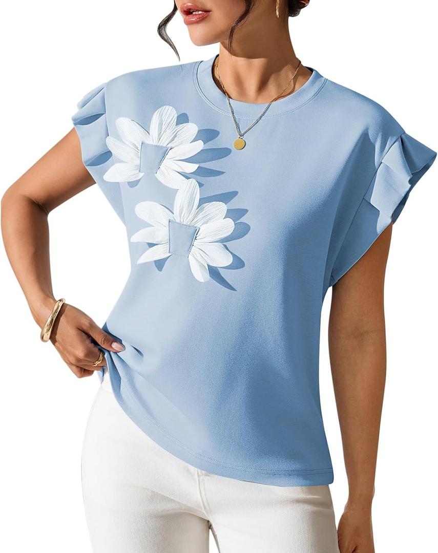 Pink Queen Womens Summer Tops 2026 Fashion Floral T Shirts Ruffle Cap Sleeve Casual Blouses (Blue, S)