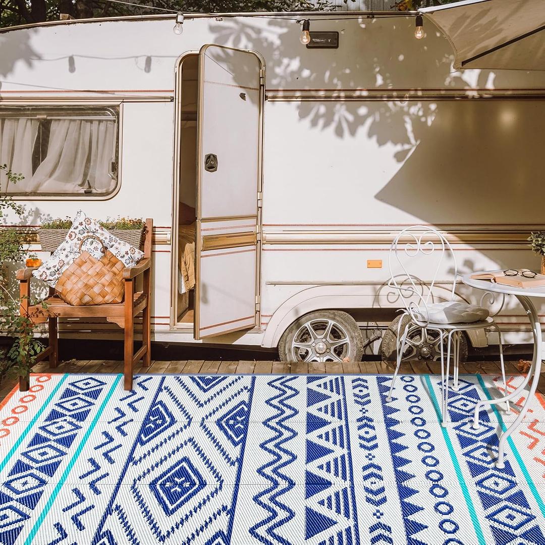 Outdoor Rugs Patio Camping Waterproof - 8x10 Plastic Straw Patio Rug Portable for Campers, Outside RVs Mat, Outdoor Area Carpet for Patios Clearance, Backyard Porch, Balcony, Picnic (Blue Red)