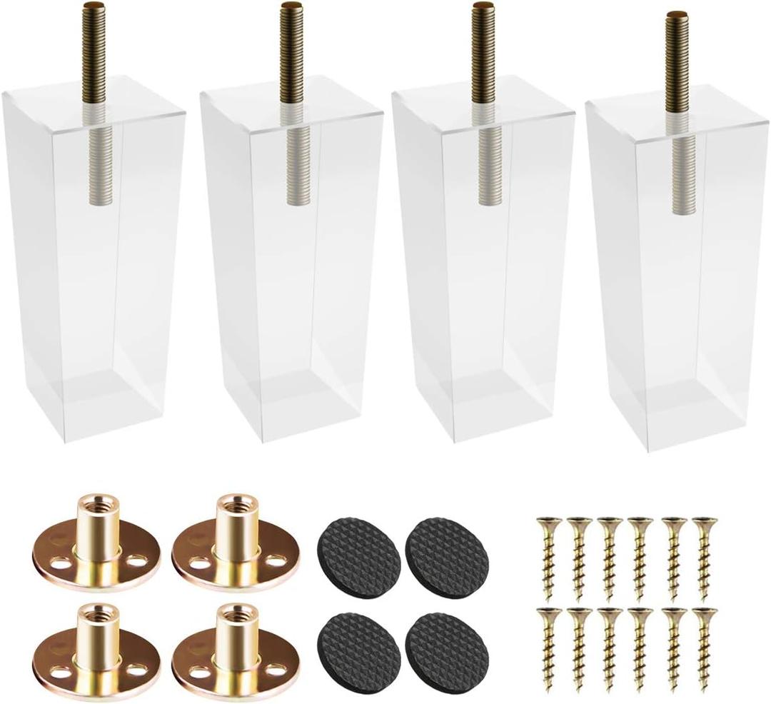 6 inch Acrylic Furniture Legs, Btowin 4Pcs Pyramid Clear Glass Furniture Feet with Threaded 5/16'' M8 Hanger Bolts & Mounting Plate & Screws for Cabinet Coffee Table End Table Bed