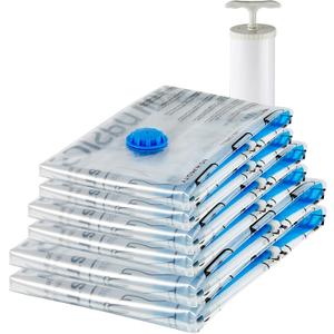 Amazon Basics Multiple Vacuum Compression Zipper Storage Bags for Space Saving and Travel with Hand Pump, 6-Pack (2 Jumbo, 2 Large, 2 Medium), Transparent