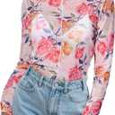 Women's Sheer Floral Long Sleeve Layering Top Ruffled Mock Neck Sheer Blouse for Casual Brunch Party Club Night Date Outfits (S)