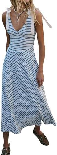 MISSACTIVER Striped Smocked Flowy Midi Dress for Women Summer Sleeveless V Neck Tie Straps Backless Beach Long Dresses Blue White L