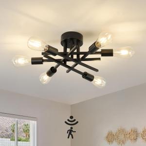 Semi Flush Mount Motion Sensor Ceiling Light Fixture6 Lights Black Vintage Matte Sputnik Chandelier Ceiling Lamp with E26 Bulb Base for Farmhouse Dining Room Living Room Bedroom Study Kitchen
