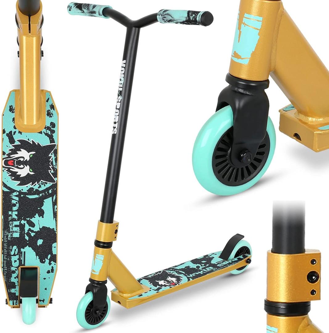 Pro Trick Scooter, Entry Level Stunt Scooters for Kids Ages 6 Years and Up, Aluminum and Lightweight Complete BMX Freestyle Scooter for Beginners (2022 Black Gold)