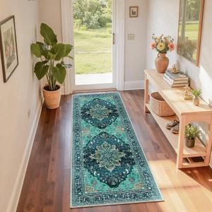 RELEANY Area Rugs 2'x6' Runner Rug Non Slip Washable for Kitchen Hallway Bedroom Beside Laundry Room Bathroom Rug, Floor Carpet, Teal Green Lake Blue Turquoise