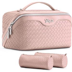 BOYATU Travel Makeup Bag Cosmetic Bags for Women: Large Capacity 3 Pcs Set Make up Bag with Compartments - Waterproof Vegan Leather Toiletry Organizer Bags with Handle (L02 Light Pink)