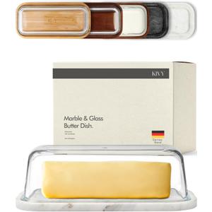 KIVY Butter Dish (White Marble & Glass) - For countertop and refrigerator door shelf - Marble butter keeper - Stone butter dish - Glass butter dish with lid - Dishwasher Safe