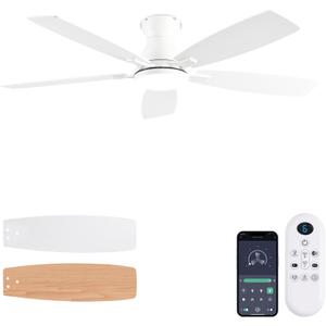 Ceiling Fans with Lights, 52 Inch Low Profile Ceiling Fan with Light and Remote Control, Flush Mount, DC Reversible Motor, Noiseless, White 6 Speeds Ceiling Fan for Bedroom