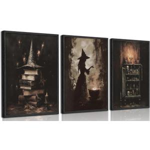3pcs Vintage Halloween Witch Wall Art Dark Academia Witch Hat on Books Witchcraft Spells Wall Decor Gothic Melancholy Skull Poster Print Artwork for Halloween Party Living Room Home Decoration (24L" x 16W")