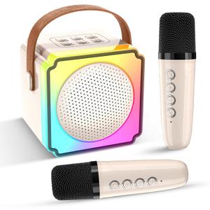 Mini Karaoke Machine for Kids and Adults,Portable Bluetooth Karaoke Speaker with 2 Wireless Microphones, Kids Karaoke Machine for Home Party,Birthday Gifts for Girls BoysBeige