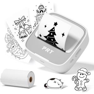 PRT Mini Sticker Printer, Portable Thermal Printer with 1 Roll Sticker Paper, Inkless Sticker Maker, Bluetooth Label Printer for Study Notes,Lists,Pictures,DIY Creations Small Printers for Home Use (Round-Grey)