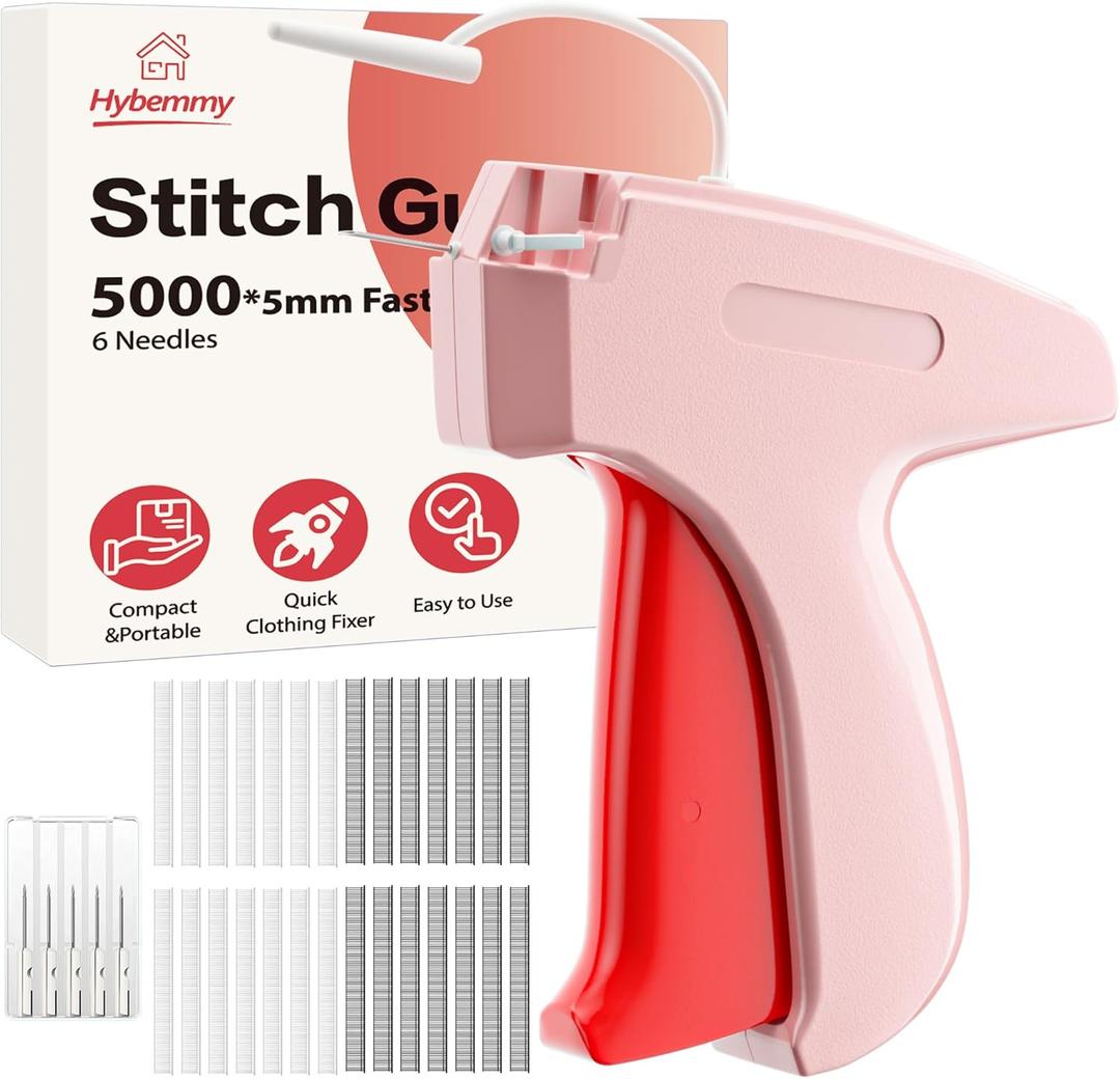 Stitch Gun for Clothes, Portable Handheld Tagging Gun for Clothing, Stitch Quick Clothing Fixer Includes 2500 Black Fasteners & 2500 White Fasteners with 6 Needles, Pink Red