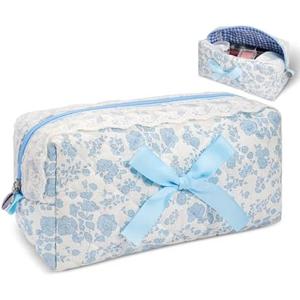 SXS LACONIC Quilted Makeup Bag,Travel Coquette Cosmetic Brush Pouch,Cute Bow Floral Make up Organizer Handbag,Large Capacity Toiletry Bag