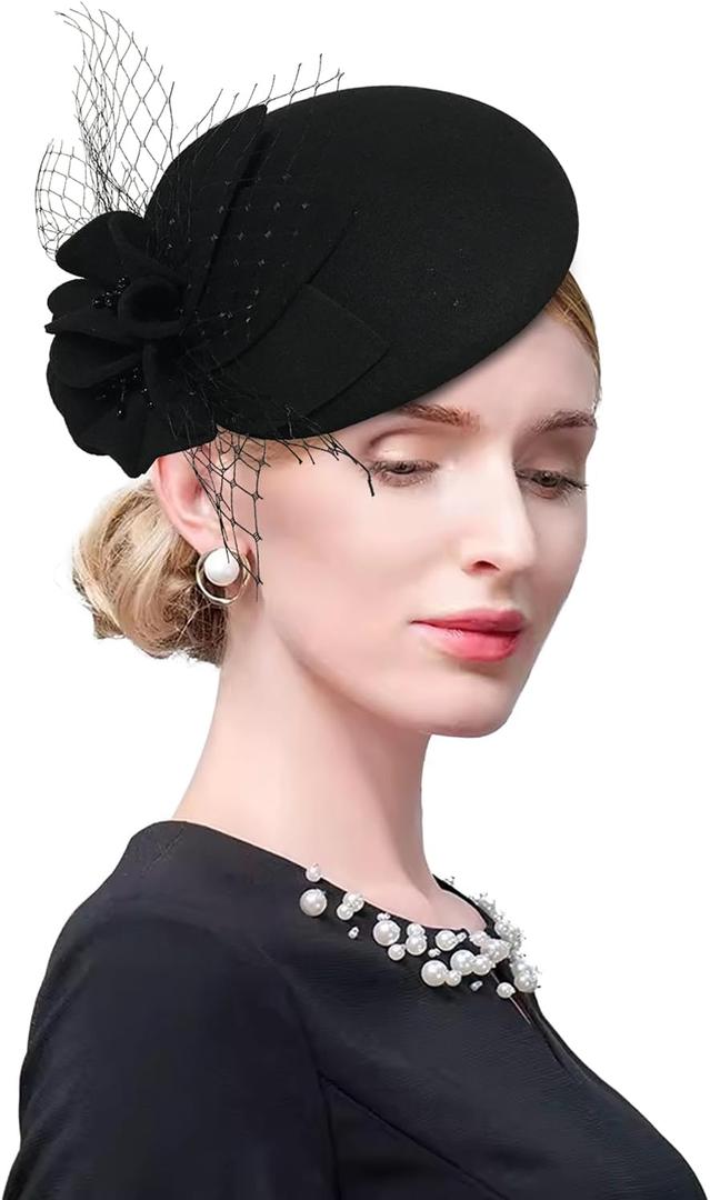 Wool Fascinator Pillbox Hat Winter British Wool Felt Hat for Women Wedding Church Hat Flower Fedoras (2006 Black)