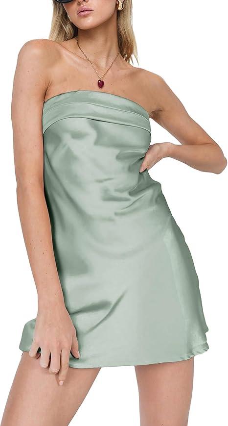 HYPERFIRE Women's Elegant Strapless Tube Cut Out Back Mini Dress Summer Cocktail Dresses (Light Green, XS)