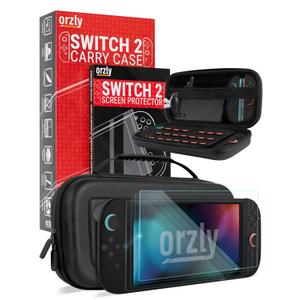 Orzly Screen Protector and Case Bundle compatible with Nintendo Switch 2  Premium Tempered Glass Screen Protector, Durable EVA Case with Organized Storage for Switch 2 Accessories