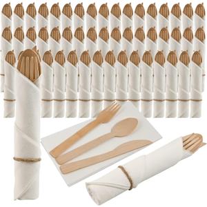 Pre Rolled Napkin and Bamboo Cutlery Set - 50Pack Bamboo Utensils/Compostable Cutlery(50 Forks, 50 Knives, 50 Spoons, 50 Napkins), Biodegradable Wrapped Cutlery for Party, Banquet, Wedding