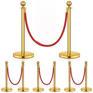 8 Pack Upgraded Stainless Steel Stanchions and Velvet Ropes 5FT Extended Red Carpet Ropes Poles Crowd Control Safety Barriers Set with Stable Base for Theaters Parties Wedding Exhibition (Gold)
