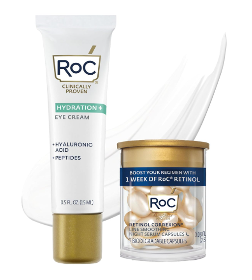 RoC Multi Correxion Hyaluronic Acid Anti Aging Under Eye Cream for Puffiness & Dark Circles (.5 OZ) + RoC Retinol Capsules (7 CT), Skin Care Routine, Fragrance & Paraben Free for Women and Men 