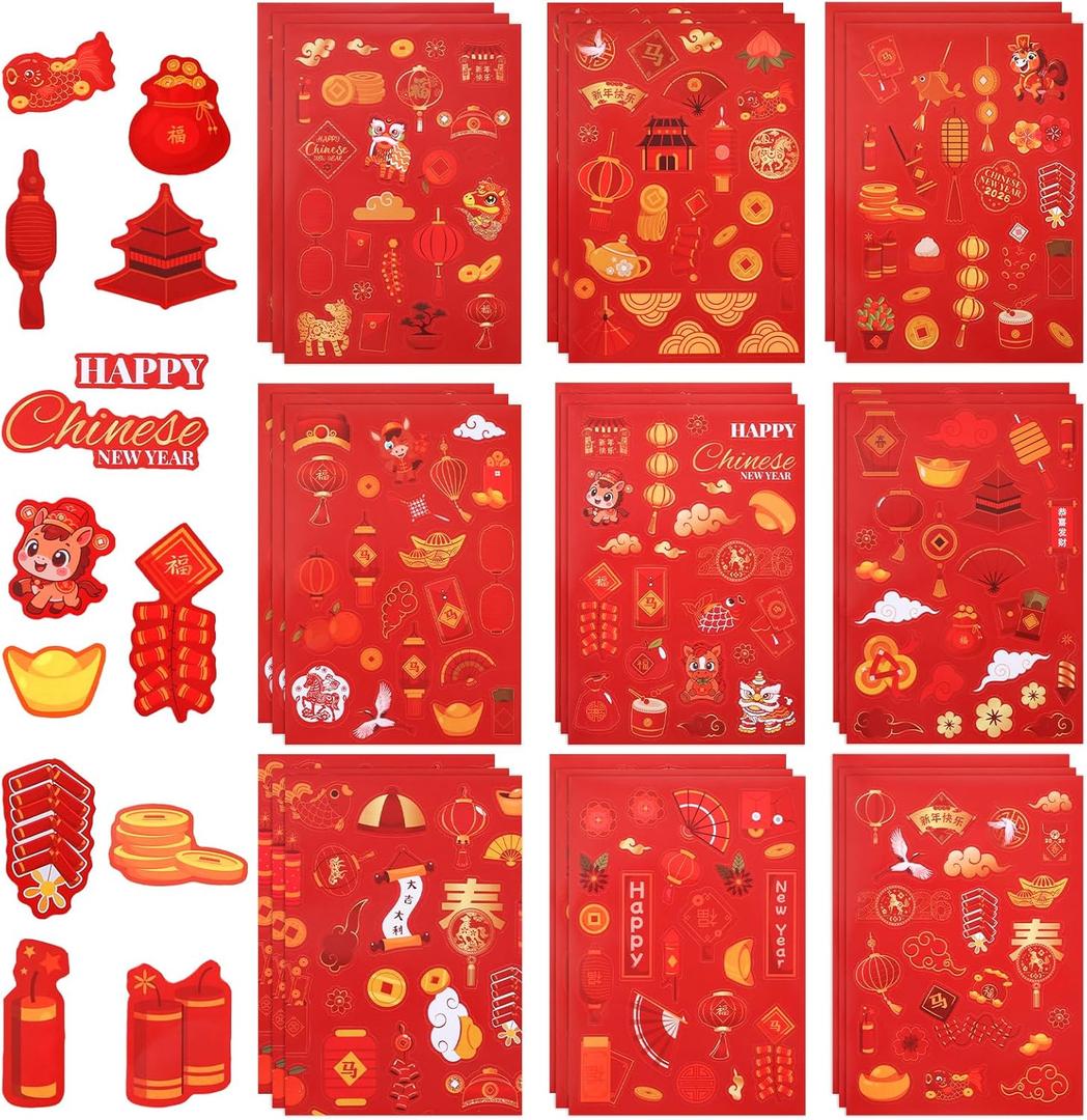 27 Sheets Chinese New Year Stickers Lunar New Year Stickers Year of The Horse 2026 Self Adhesive Stickers Spring Festival Decals Stickers for Happy Chinese New Year Decorations Party Supplies