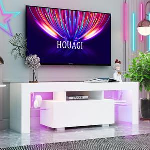 HOUAGI LED TV Stand for 32-55 Inch TV, Modern High Gloss Entertainment Center w/Storage Drawer and Color Changing Lights Video Gaming, Movies, Home Decor White-2