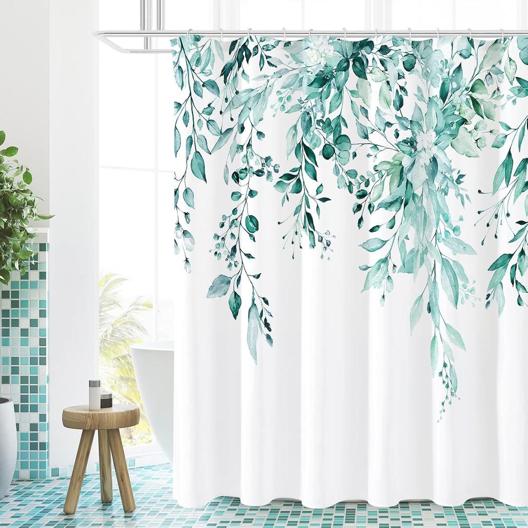 Gibelle Extra Long Shower Curtain 72 x 84, Teal Floral Shower Curtain for Bathroom, Watercolor Plant Eucalyptus Leaves Fabric Shower Curtain Set