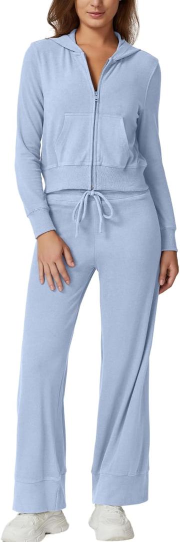 QINSEN Women's Two Piece Outfits Long Sleeve Full-Zip Hoodie and Wide Leg Pants Tracksuit Lounge Matching Set (X-Large)