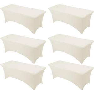 6-Pack Premium Cream Spandex Tablecloths for 8ft Rectangle Tables, Stain & Wrinkle-Resistant, Washable Stretch Polyester Fitted Table Cover for Weddings, Banquets, Trade Shows Events