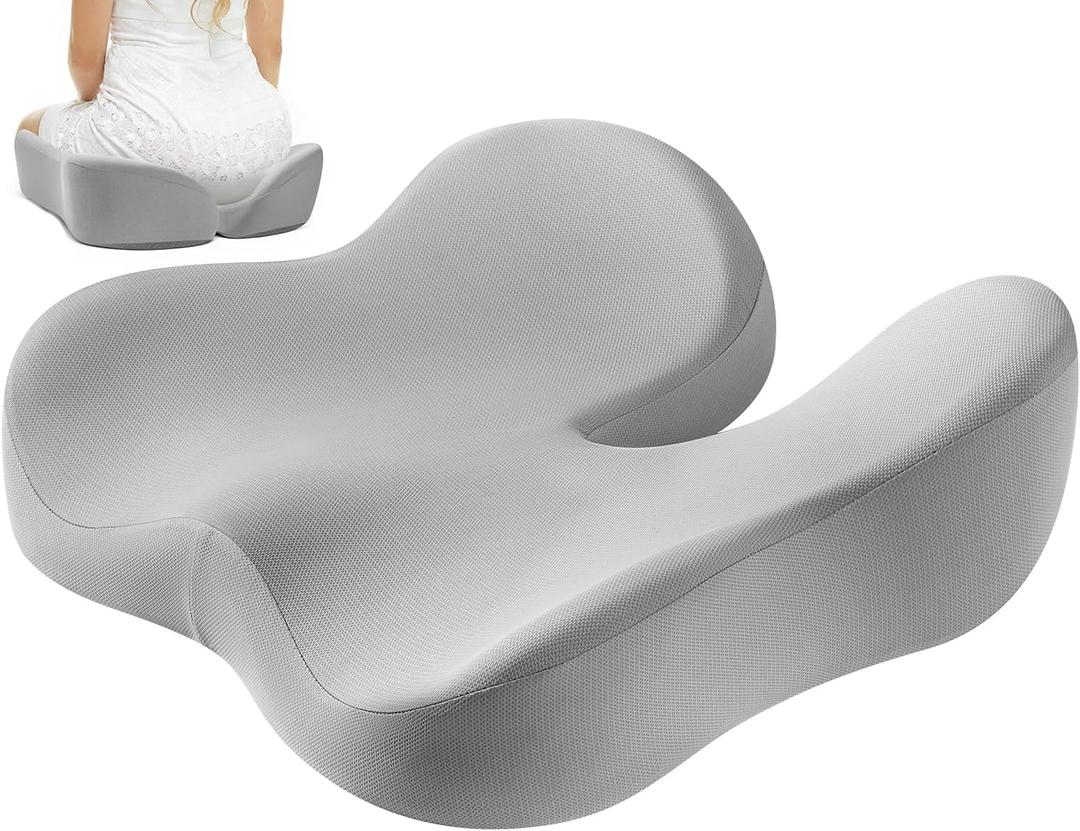 Seat Cushion for Tailbone & Sciatica Pain Relief - Plush Yet Supportive Ergonomic Memory Foam Chair Cushions for Office Chair, Car, Wheelchair,Airplane & Long Sitting(Light Gray)