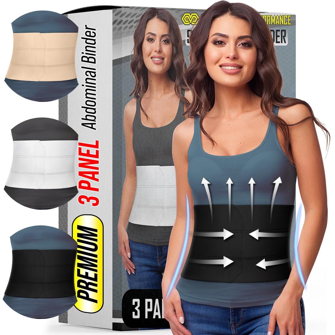 Abdominal Binder for Women & Men Post Surgery Recovery, 9 inch 3 Panel Waist Compression Band, Wrap Support for Bariatric, Belly, Stomach, Postpartum, Hernia, Latex-free, Breathable Fabric. Black L-XL
