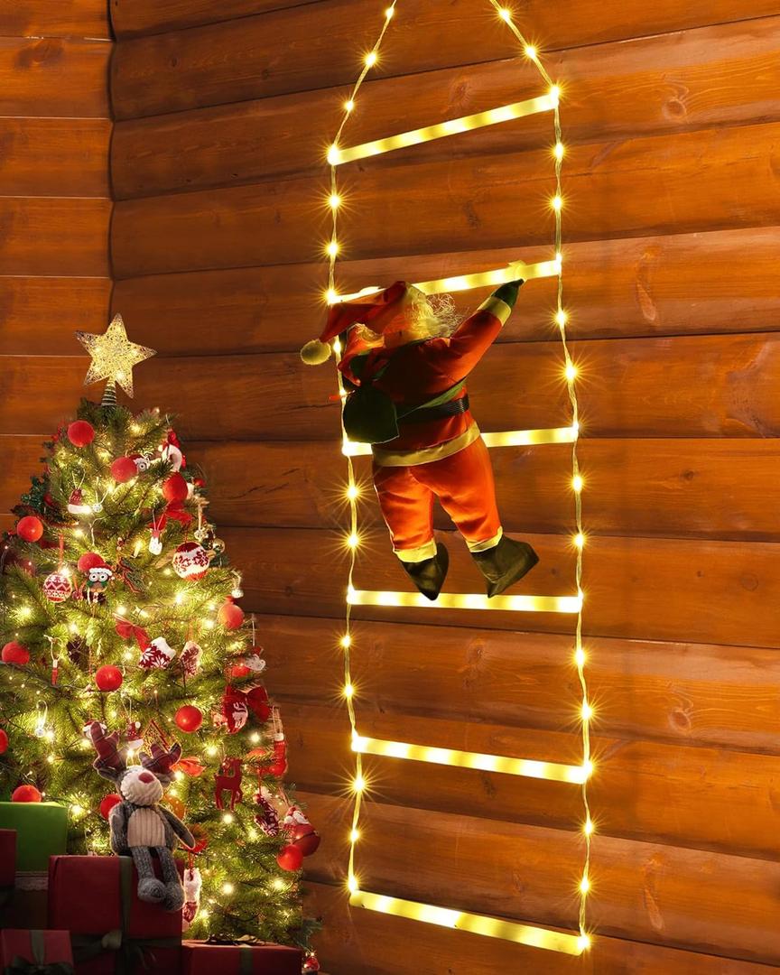 Christmas Decorations LED Ladder Lights with Climbing Santa Claus, 2.5ft Indoor Christmas Decorative Lights - 8 Modes Xmas Lights Tree for Home Holiday Wall Window Xmas Decor (Warm White)
