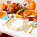210 Count Gold Plastic Dinnerware, Gold Disposable Plates, Includes: 30 Dinner & 30 Dessert Plates & 30 Cups & 30 Paper Napkins & 30 Plastic Silverware Set -for Thanksgiving, Christmas, Parties
