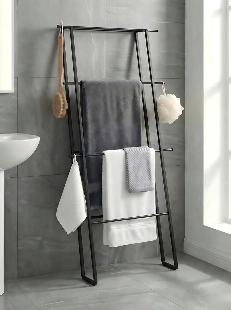 Metal Leaning Ladder Towel Rack, 4-Tier Blanket Stand for Bathroom Living Room, No Drilling Quilt Storage Organizer (Matte Black)